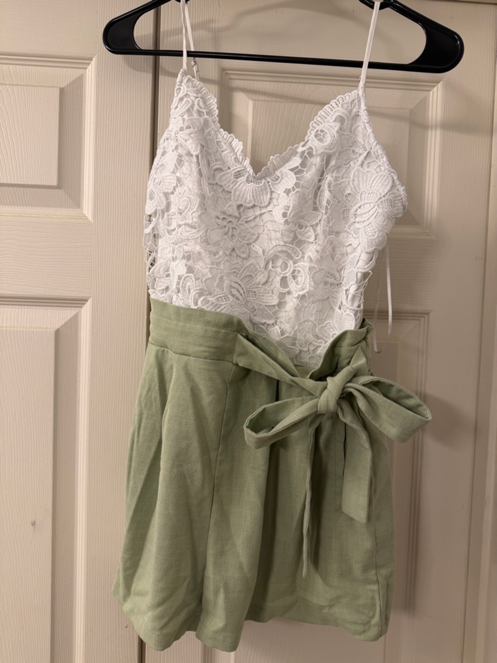 Love Tree White Lace and Sage Green Romper with Tie Waist